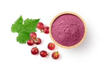Grape extract powder ( Opc grape powder ) in wooden bowl with fresh grape and leaves on white...