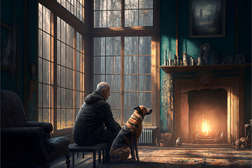 Obraz na płótnie Canvas man sitting with his dog in front of a fireplace, big house, with windows facing a forest,