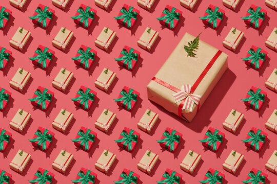 Gift box wrapped Christmas presents with bows and ribbons