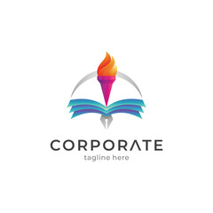 Book and torch creative education logo concept