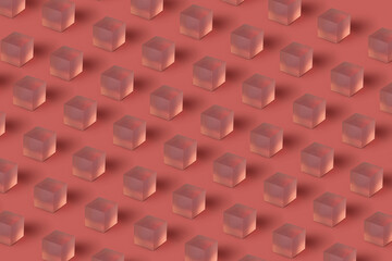 Translucent glass cubes repeated pattern on red.