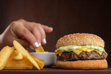 Hamburger - Snack with beef burger, green sauce, mozzarella cheese and fries