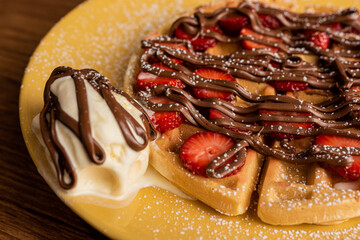 Dessert - Sweet pancake with strawberry, hazelnut cream and ice cream
