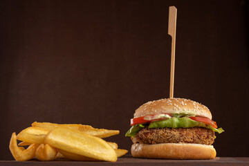 Hamburger - Snack with chicken burger, lettuce, tomato, mozzarella cheese and fries