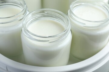 Obraz na płótnie Canvas Modern yogurt maker with full jars, closeup