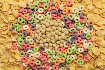 Different types of dry breakfast as background, top view