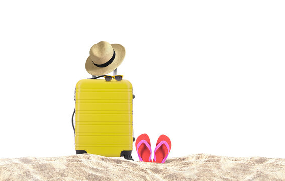 Yellow luggage with hat and red flip-flop on sandy beach 