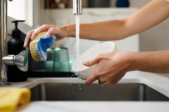 Washing bowl with foamy sponge.