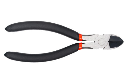 Nippers or diagonal cutting pliers. Wire cutter or flush nippers. Side cutting pliers for electric wire. Professional tools for metal construction. Mechanic instrument for workshop, repairing works.