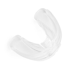 Transparent dental mouth guard isolated on white, top view. Bite correction