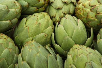 Obraz premium Many fresh raw artichokes as background, closeup