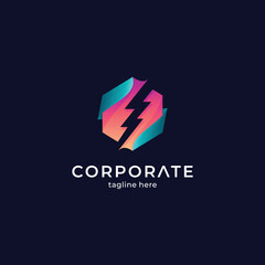 Thunder logo template in a hexagon shape with gradient color style