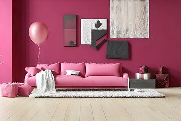Luxury pink sofa in room with minimal decoration, valentine's day special modern room interior architecture design, architect, Generative AI
