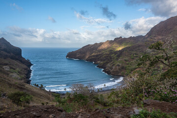 View of a bayValley in Hiva Oa, Marquesas Islands, French Polynesia. Sea side with coconut trees.