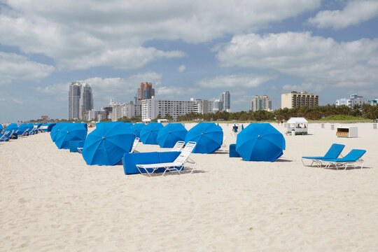Series of blu umbrellas in the beach of Miami 