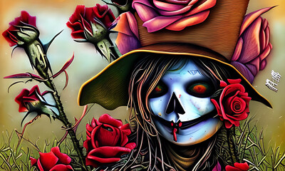 Generative AI : Scarecrow series - dark illustration of lady goth scarecrow with roses
