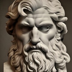 Generative AI image featuring a chiseled white marble statue bust of Greek god Zeus also known as the Roman god Jupiter, god of thunder and the king of gods on Mount Olympus in ancient Greek Mythology - obrazy, fototapety, plakaty