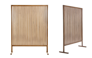 Set with photos of wooden room divider screen on white background