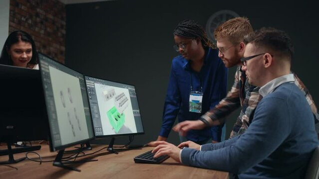 team of engineers and designers creating brand new technology, modeling engine by 3D