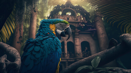 Blue Macaw. beautiful photography of a blue macaw in a jungle. Generative AI - obrazy, fototapety, plakaty