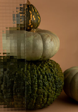 Stack of pumpkins with rippled glass