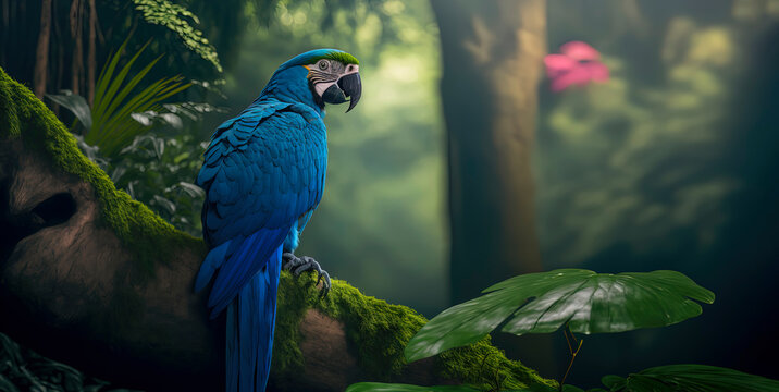 Blue Macaw. beautiful photography of a blue macaw in a jungle. Generative AI