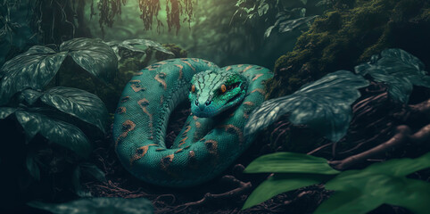Obraz premium Emerald Boa in the jungle, photography of a Emerald boa in a jungle. Generative AI