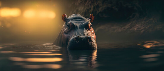 Hippopotamus in the savannah lake, photography of a hippo in africa. Generative AI