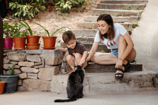 Boy patting cat with mother.