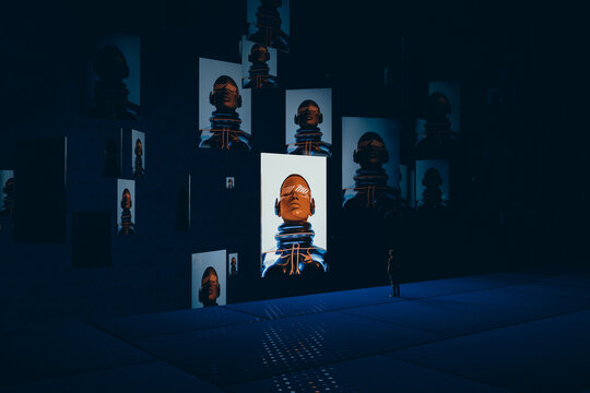 Man looking at digital screens about metaverse