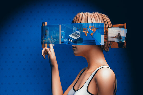 Woman interacting with Metaverse screens