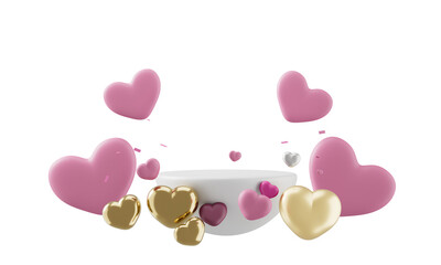 Valentine Product podium scene with flying falling red heart .3d illustration.