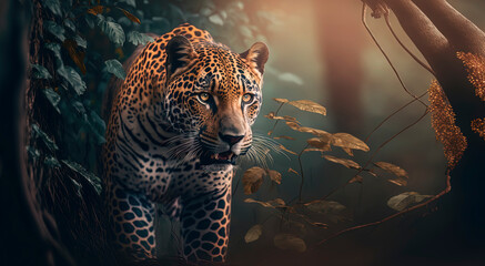 Jaguar Close-up, beautiful photography of a jaguar in a jungle. Generative AI
