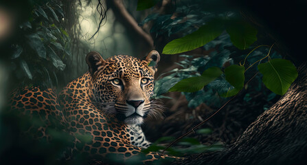 Fototapeta na wymiar Jaguar in the jungle. Generative AI