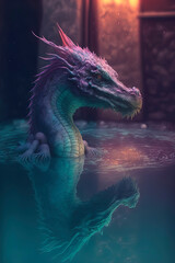 Dragon swimming in a pool with turquoise water. Generative AI