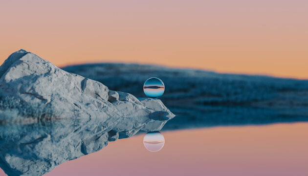 rendered landscape with glass sphere
