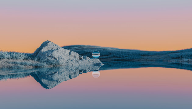 rendered landscape with glass sphere