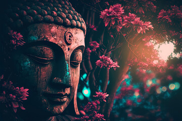 Buddha with his eyes open, under a lotus tree, spiritualcore. Generative AI