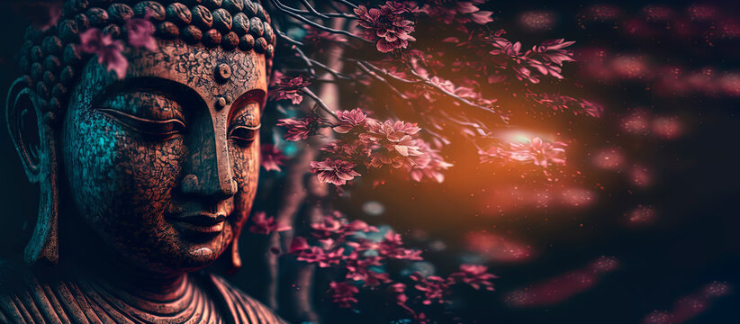 Buddha with his eyes open, under a lotus tree, spiritualcore. Generative AI
