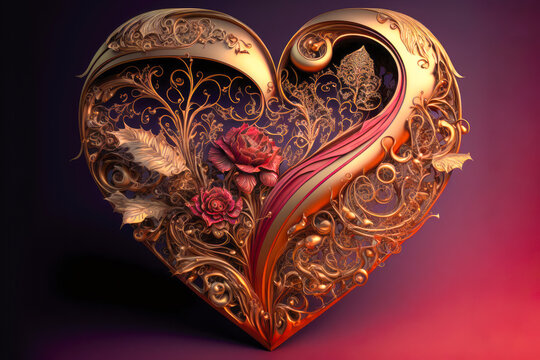 Un cœur doré et fleuri pour la saint Valentin, fond rose, sculpture métallique, illustration IA générative