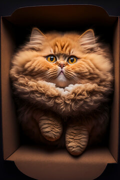 Fluffy Chonky Orange Cat In A Shoebox. Generative AI