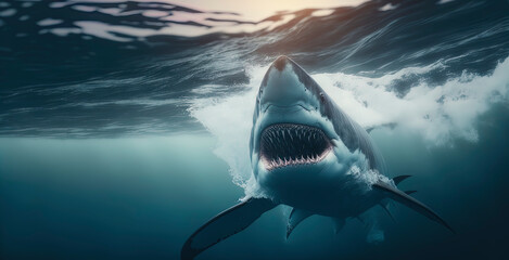 Fototapeta premium White Shark in the ocean, photography of a angry white shark in the sea. Generative AI