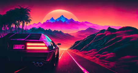 Gordijnen Retro futuristic back side view 80s supercar on trendy synthwave, vaporwave, cyberpunk sunset background. Generative AI © Lemart