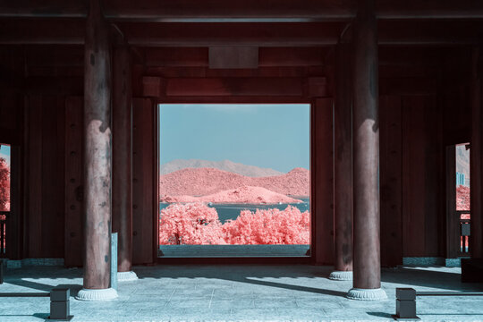 Infrared photography of  traditional Chinese door and landscape.