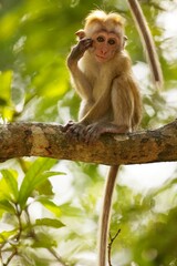 Naklejka na ściany i meble Portrait Toque Macaque, (Macaca sinica), makak bandar, is a reddish-brown-coloured Old World monkey endemic to Sri Lanka, where it is known as the rilewa.