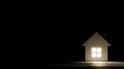 黒い背景に白いミニチュアの家。窓から光。電気。光の効果あり（横長）