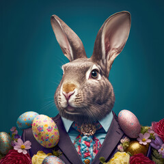 Fototapeta na wymiar Surreal Portrait of Easter Bunny with Easter Eggs. Created with Generative AI Technology