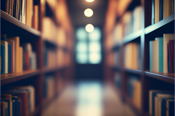 Abstract blurred empty college library interior space. Blurry classroom with bookshelves by defocused effect. use for background or backdrop in book shop business or education. Generative AI