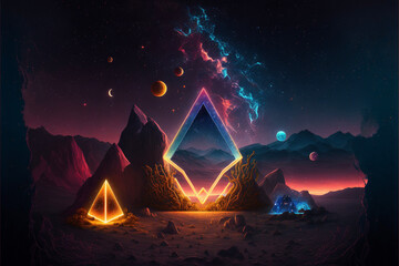 Surreal Psychedelic Trippy Desert Mountain Galaxy Landscape with Neon Celestial Shapes, Large Central Diamond Generative AI