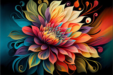 Beautiful abstract colorful flower design, oil on canvas. Generative AI